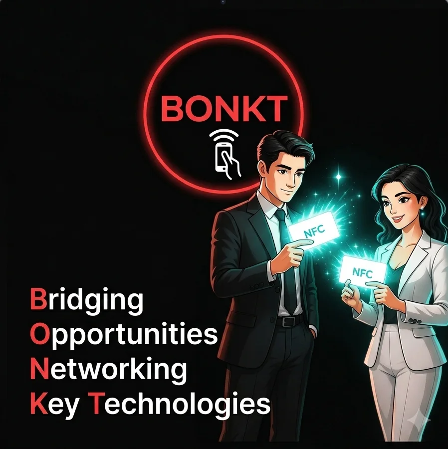 BONKT: Bridging Opportunities, Networking, Key Technologies. Two professionals tapping NFC business cards.