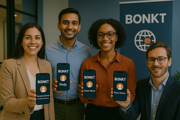 Diverse Professionals Displaying Multilingual BONKT Cards.png