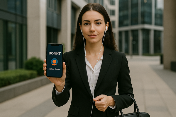 Professional Woman Showcasing BONKT Card in Urban Setting.png